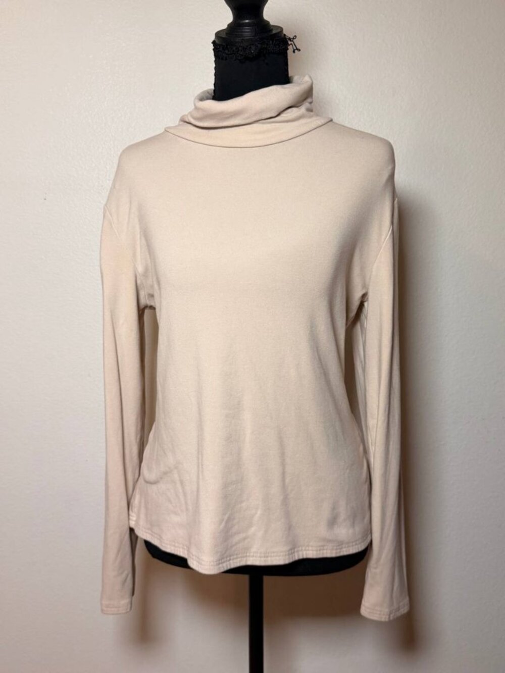 Trendy Queen Beige Cream Fleece Lined Turtleneck Top Minimalist Quiet Luxury Sty